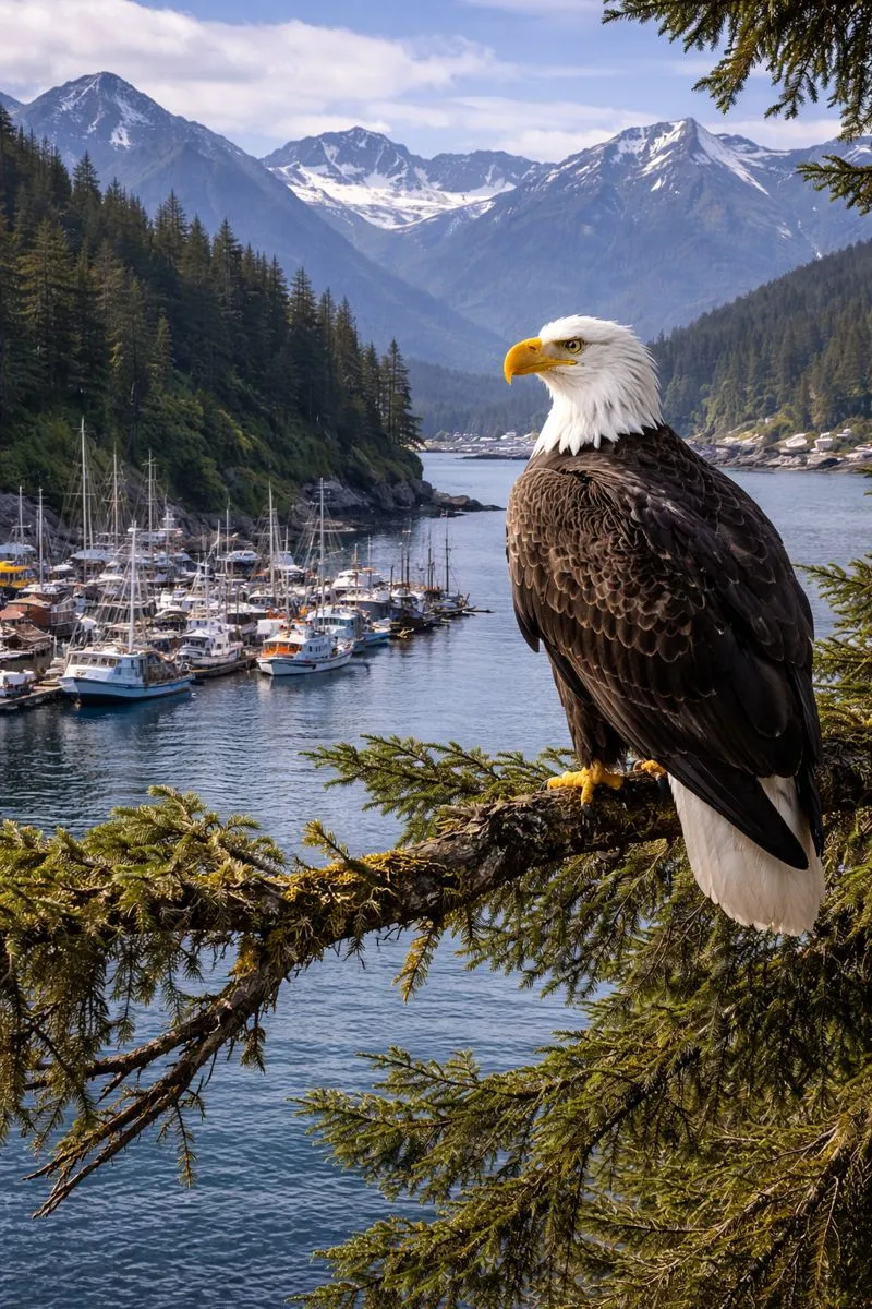 Majestic bald eagle perched on a tree overlooking Sitka's rich fishing grounds