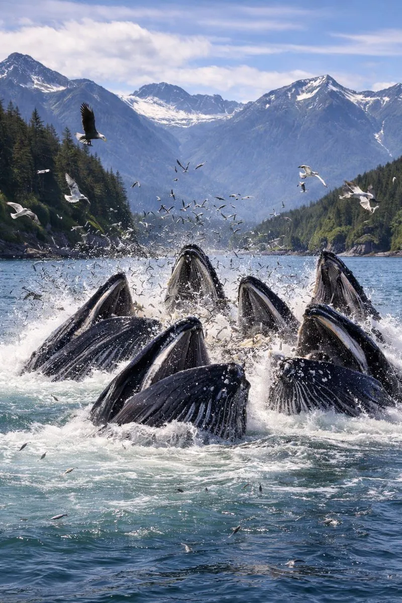 Whale group cooperative lunging through a bubble net during the spring herring spawn in Sitka Sound