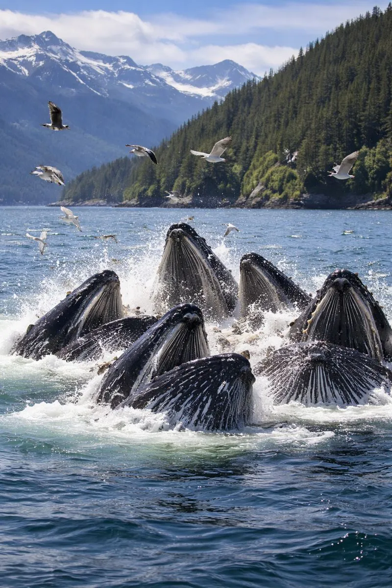 Spectacular bubble-net feeding behavior by humpback whales in Sitka Sound during the herring spawn