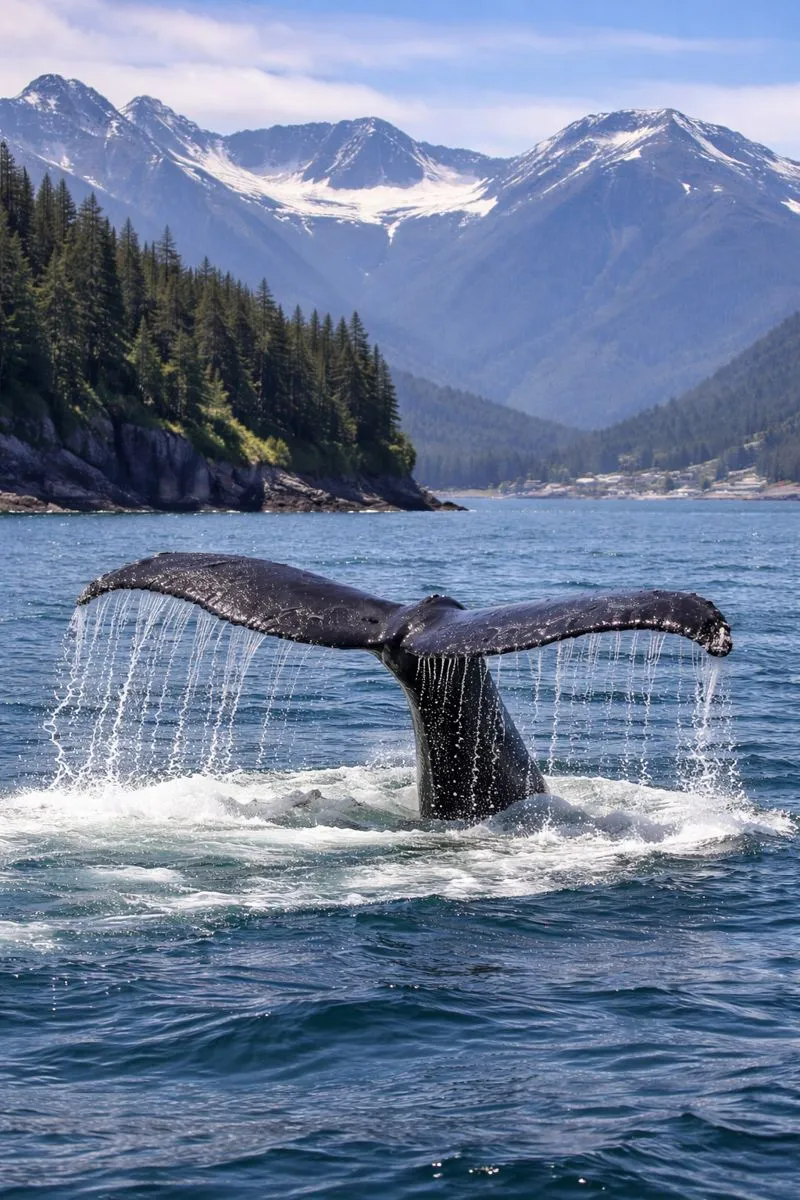 Humpback whale tail fluke diving into the cold waters of Sitka, Alaska