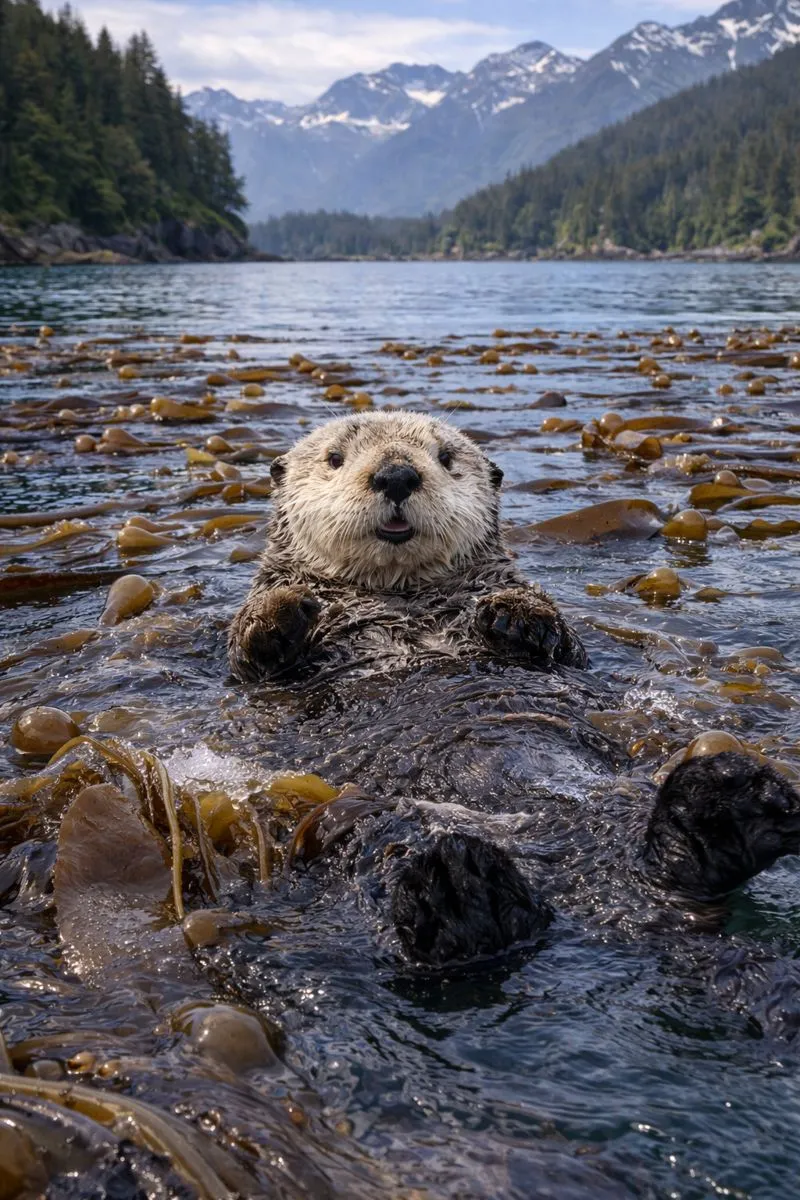 Wild sea otter floating peacefully in a kelp bed in the Sitka Alaska marine sanctuary