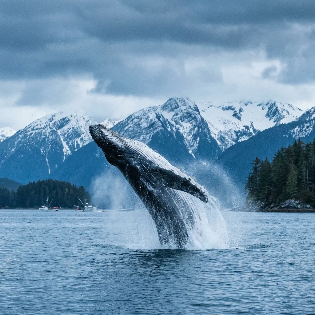 Humpback whale breaching in Sitka Sound Alaska during whale watching tour