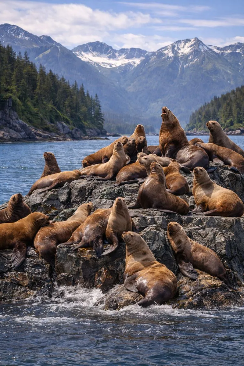 A colony of Steller sea lions resting on rocks in the nutrient-rich Sitka Sound