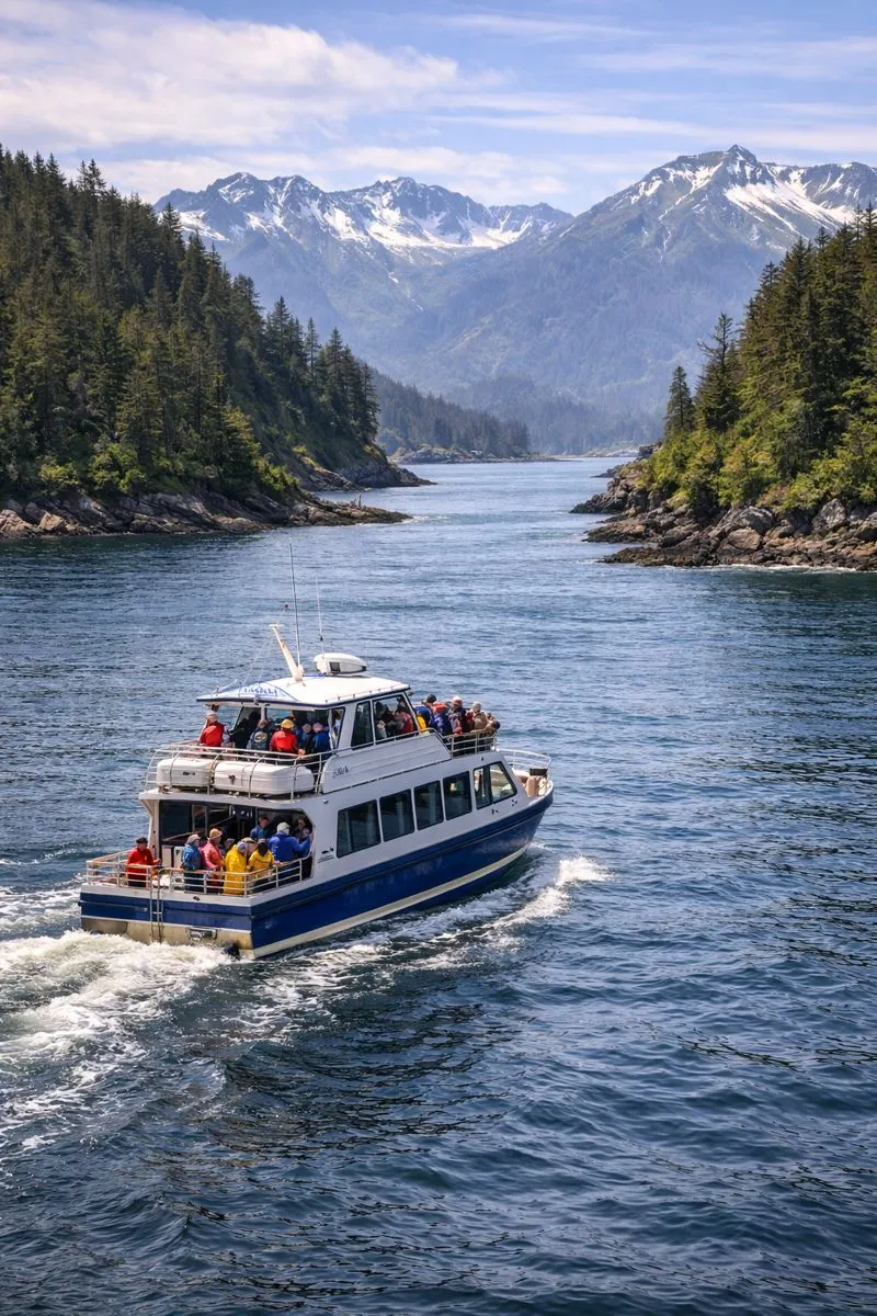 Small-group whale watching tour boat navigating the beautiful islands of Sitka Sound